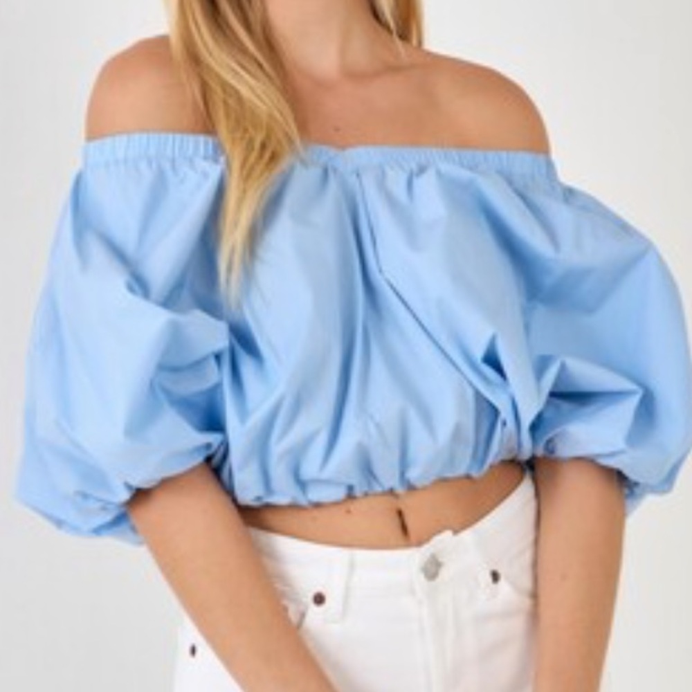 Endless Rose Baby Blue Puff Off or On Shoulder V-Neck Crop Blouse - Sz S